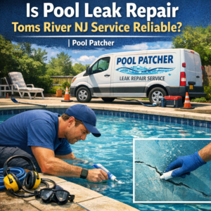 Technician repairing a pool leak with specialized equipment at a residential pool in Toms River, NJ.