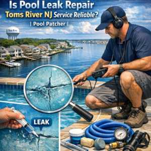 Technician repairing a pool leak with specialized equipment at a residential pool in Toms River, NJ.