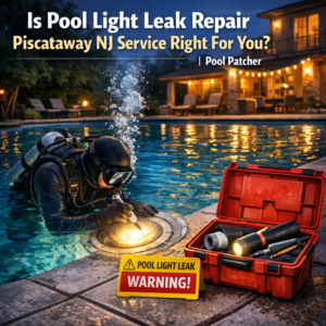 Technician performing underwater pool light leak repair in Piscataway, NJ pool.