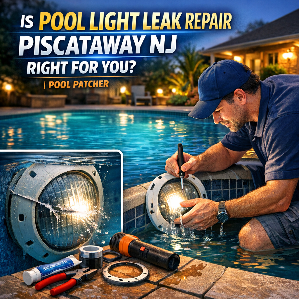 Professional in Piscataway, NJ repairing a swimming pool light leak underwater with tools.