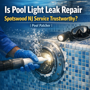 Technician repairing a leaking pool light underwater in a residential pool in Spotswood, NJ.