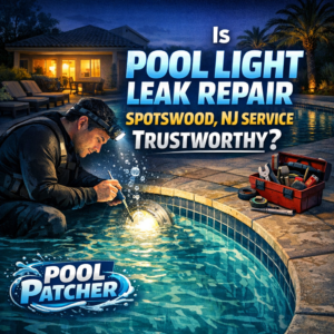 Technician repairing a pool light leak with specialized tools at a residential pool in Spotswood, NJ.