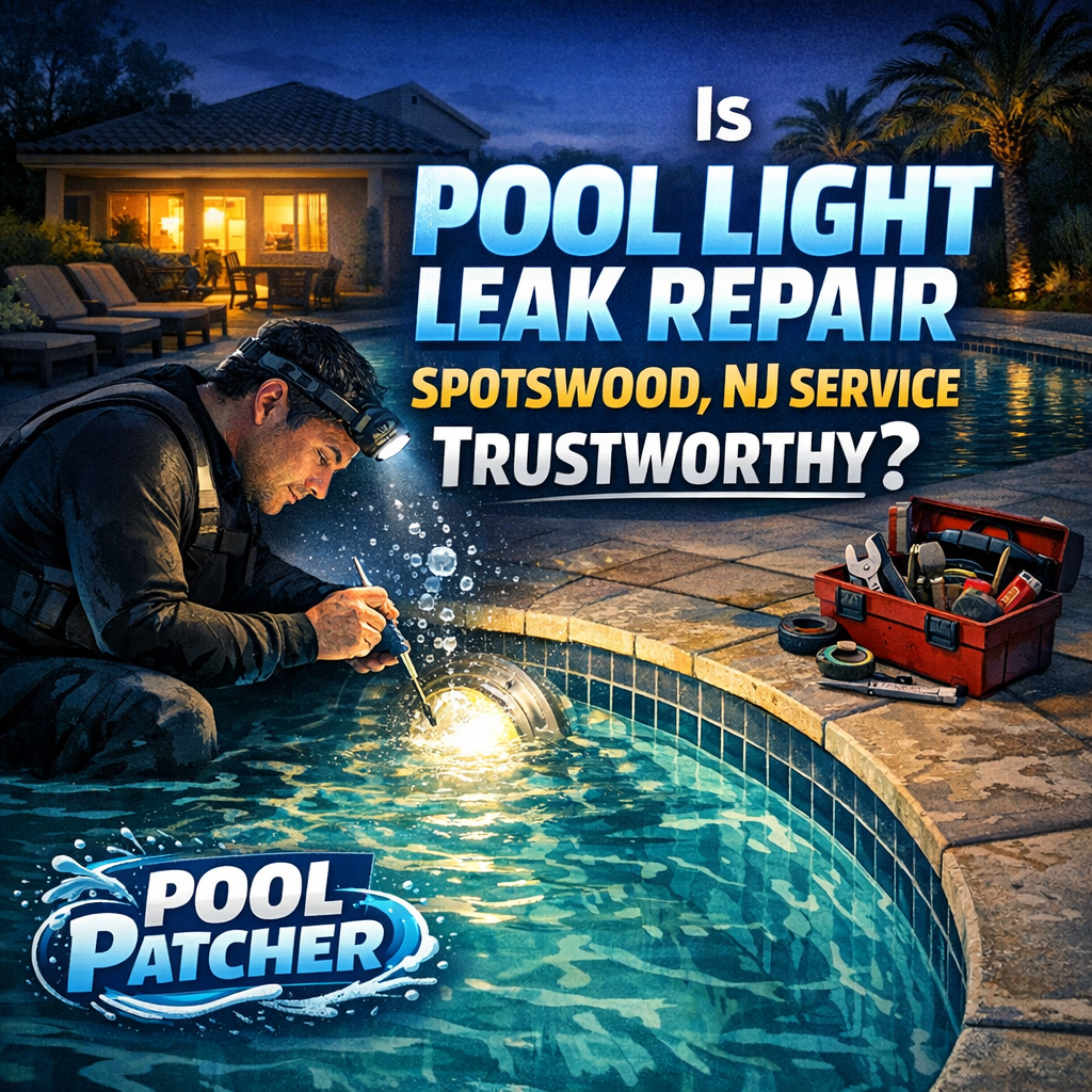 Technician repairing a pool light leak with specialized tools at a residential pool in Spotswood, NJ.