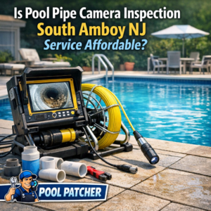 Technician performing underwater camera inspection inside a pool pipe in South Amboy, NJ.