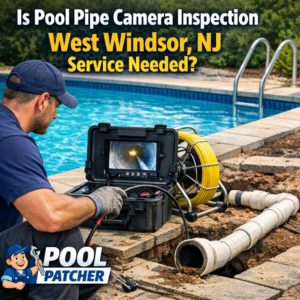Technician performing pool pipe camera inspection using specialized equipment in West Windsor, NJ.