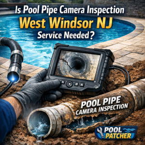 Technician using a camera to inspect pool pipes in West Windsor NJ for blockages and damage.