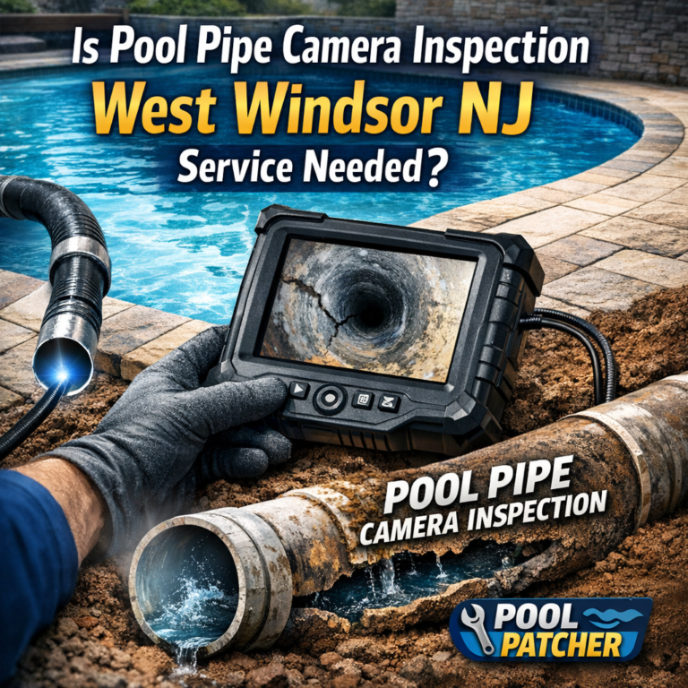 Technician using a camera to inspect pool pipes in West Windsor NJ for blockages and damage.
