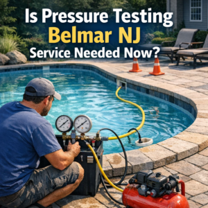 Technician performing pressure testing on pool pipes to detect leaks in Belmar, NJ.