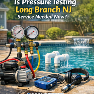 Technician performing pressure testing on a pool plumbing system in Long Branch, NJ.