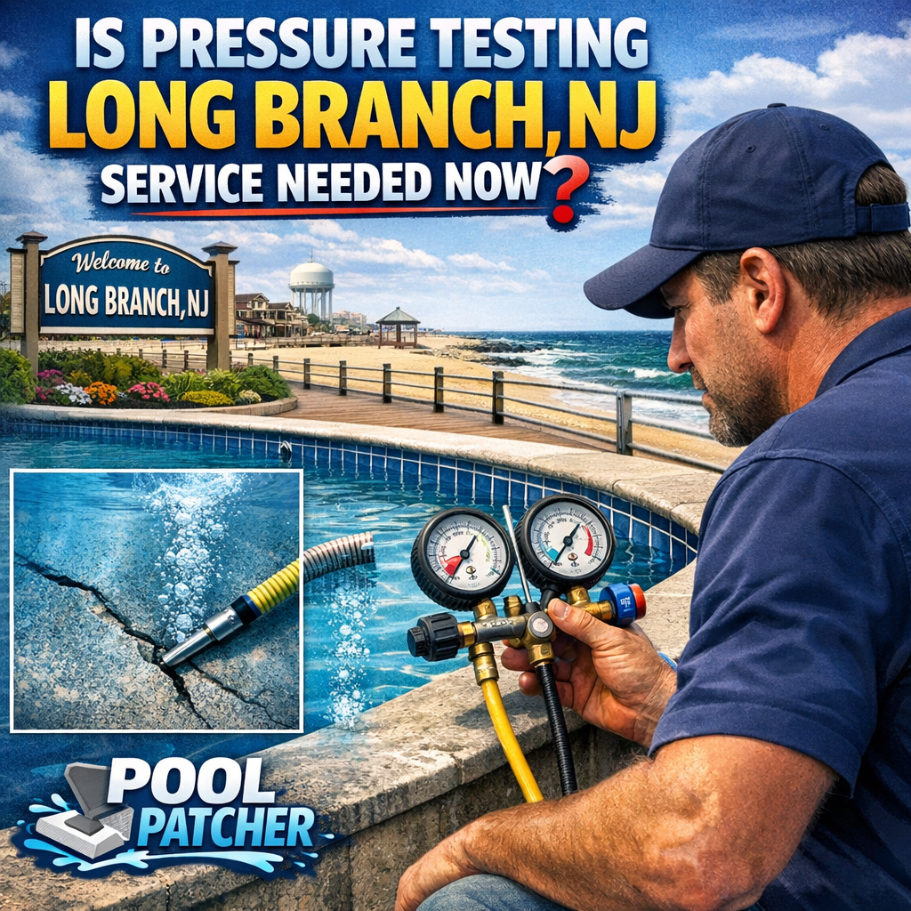 Technician performing pressure testing on a pool system in Long Branch, NJ for leak detection.