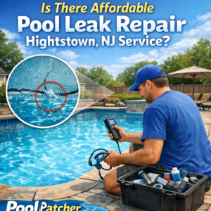 Technician repairing a pool leak using detection equipment in a backyard with a clear blue pool.