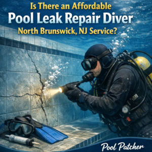 Diver inspecting and repairing a pool leak underwater in North Brunswick, NJ.