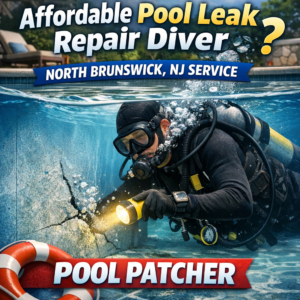 Diver inspecting a swimming pool underwater for affordable leak repair in North Brunswick, NJ.