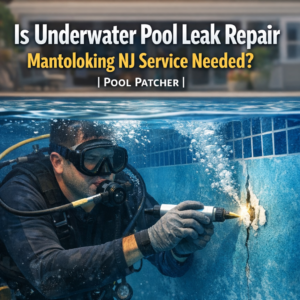 Technician performing underwater pool leak repair in a Mantoloking, NJ swimming pool.