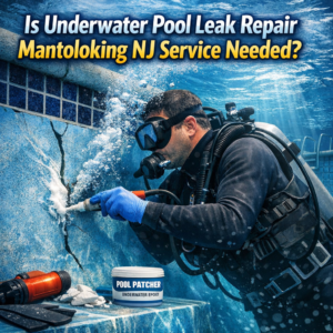 Professional diver repairing an underwater pool leak in Mantoloking, NJ.