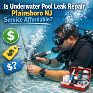 Technician repairing an underwater pool leak in Plainsboro NJ using specialized equipment.