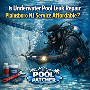 Technician repairing a pool leak underwater in Plainsboro, NJ with specialized tools.
