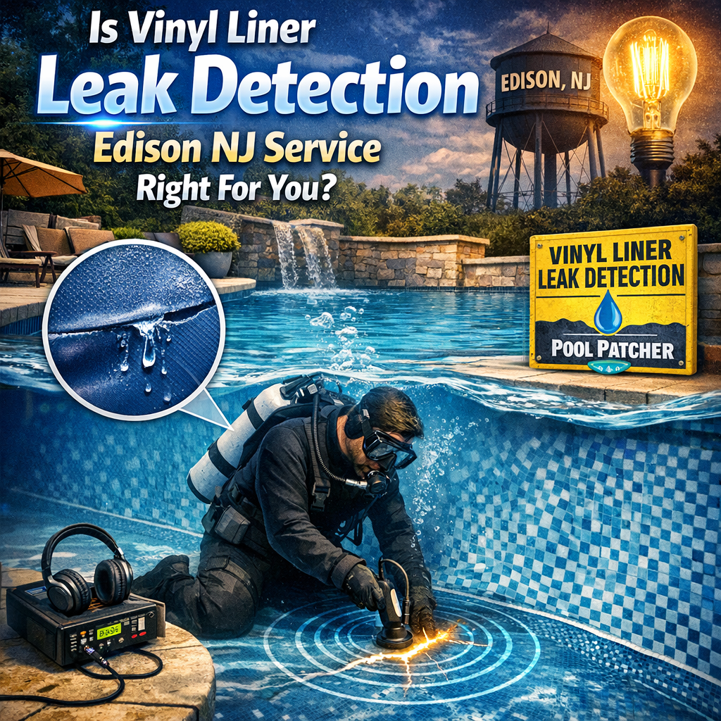 Technician inspecting a vinyl liner swimming pool for leaks using specialized equipment in Edison, NJ.