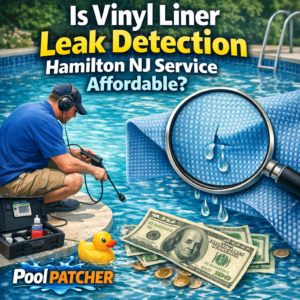 Technician inspecting a vinyl liner pool for leaks with detection equipment in Hamilton, NJ.