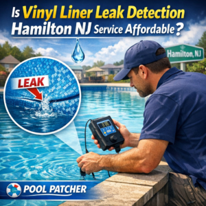 Technician using leak detection equipment on a vinyl pool liner in Hamilton, NJ.