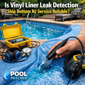 Technician inspecting a ship bottom in NJ using equipment for vinyl liner leak detection service.