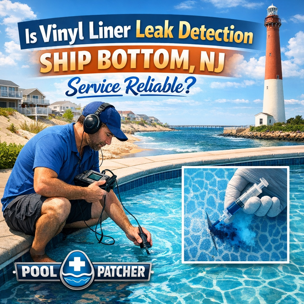 Technician inspecting a vinyl pool liner underwater using leak detection equipment in Ship Bottom, NJ.
