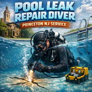 Diver underwater repairing a pool leak with specialized equipment in Princeton, NJ.