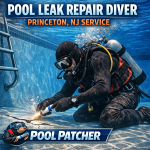 Professional diver repairing an underwater pool leak in Princeton, NJ with specialized tools.