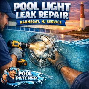 Close-up of a professional repairing a pool light leak in a residential swimming pool in Barnegat, NJ.