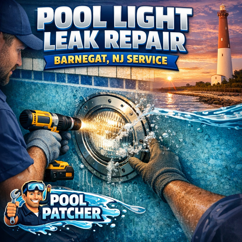 Close-up of a professional repairing a pool light leak in a residential swimming pool in Barnegat, NJ.