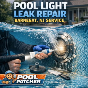 Technician repairing a pool light leak underwater with specialized tools in Barnegat, NJ.