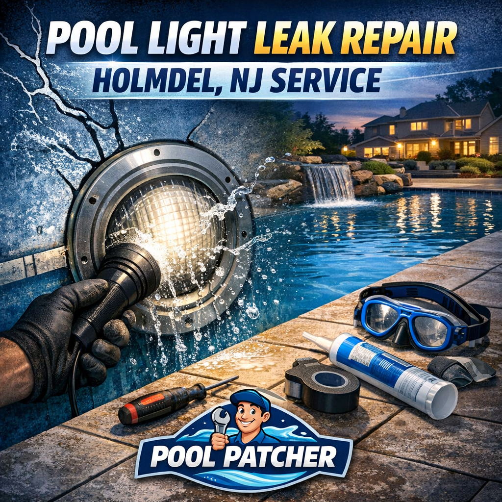 Technician repairing a pool light leak in a residential pool in Holmdel, NJ.