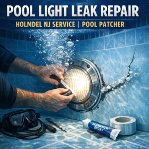 Technician repairing a pool light leak underwater using epoxy patch in a residential pool in Holmdel, NJ.