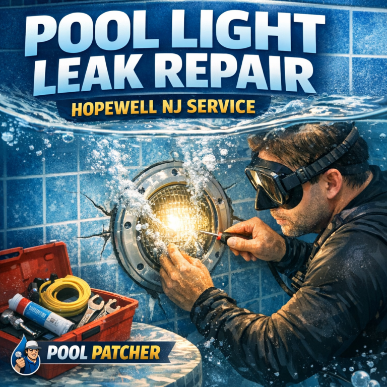 Professional fixing a pool light leak at night, using tools and safety gear near a swimming pool in Hopewell, NJ.