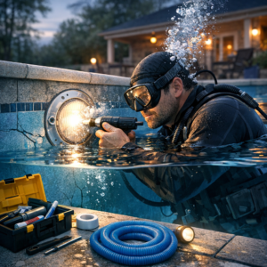 Professional diver repairing a pool underwater with specialized equipment and lighting.