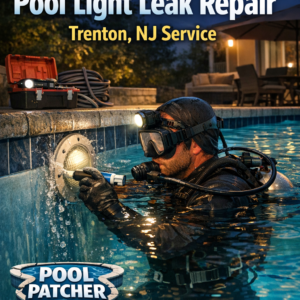 Technician repairing a pool light leak underwater with specialized tools in a residential swimming pool.