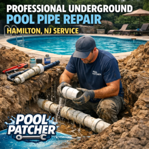 Technician repairing underground pool pipes with tools in Hamilton, NJ for professional pool maintenance.