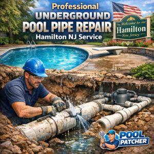 Technician performing underground pool pipe repair with specialized tools in a residential backyard in Hamilton, NJ.