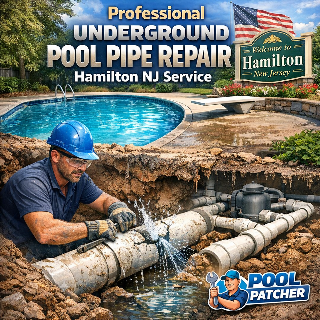 Technician performing underground pool pipe repair with specialized tools in a residential backyard in Hamilton, NJ.