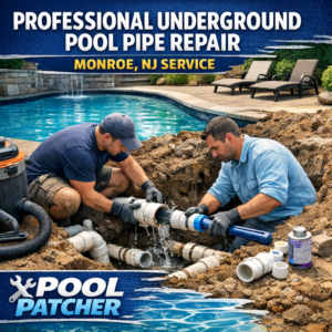 Technician repairing underground pool pipes using specialized tools in Monroe, NJ.