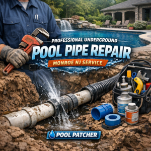 Technician repairing underground pool pipes with tools near an open access panel in Monroe, NJ.