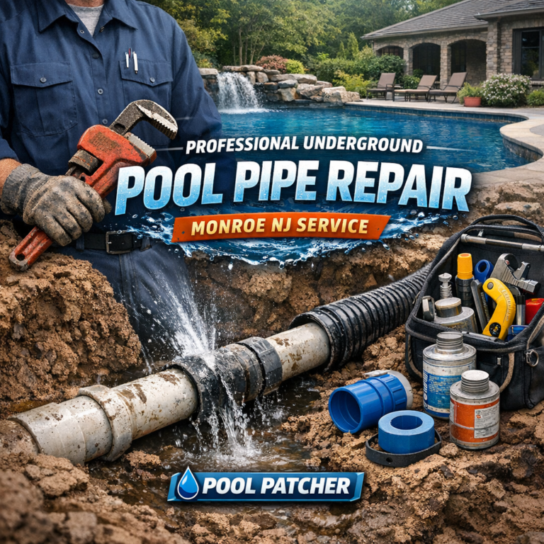 Technician repairing underground pool pipes with tools near an open access panel in Monroe, NJ.