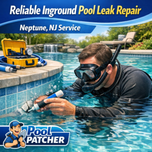Technician repairing an inground pool leak with equipment beside a residential pool in Neptune, NJ.