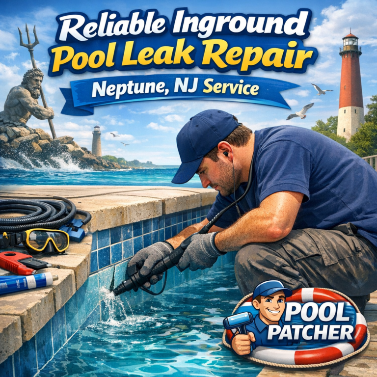 Technician repairing an inground pool leak using specialized tools in Neptune, NJ.