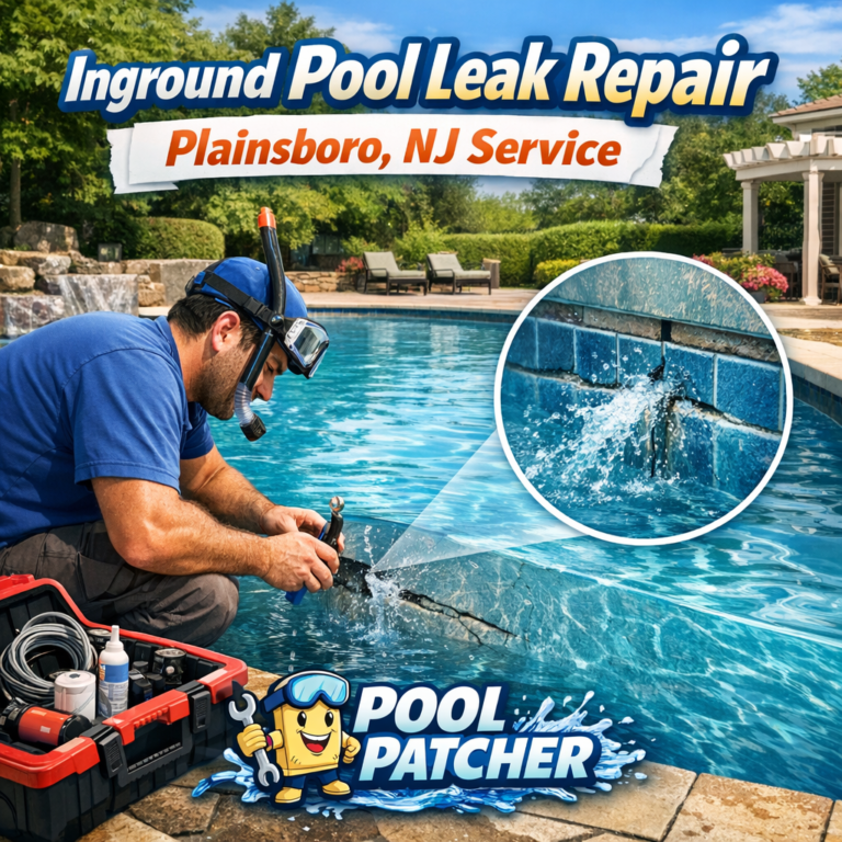 Technician repairing an inground pool leak using specialized equipment in a residential backyard in Plainsboro, NJ.