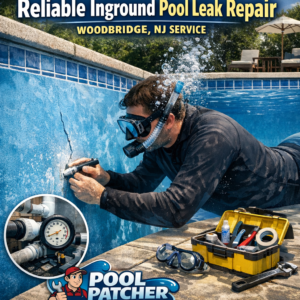 Technician repairing an inground pool leak using specialized equipment in Woodbridge, NJ.