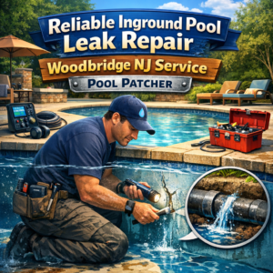 Technician repairing an inground pool leak using specialized tools at a residential backyard in Woodbridge, NJ.