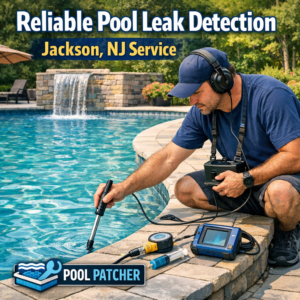 Technician using electronic equipment to detect a pool leak at a residential swimming pool in Jackson, NJ.