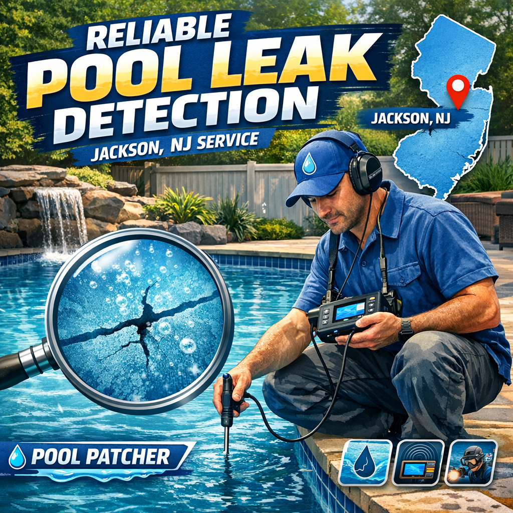 Technician using leak detection equipment near a pool, providing reliable service in Jackson, NJ.