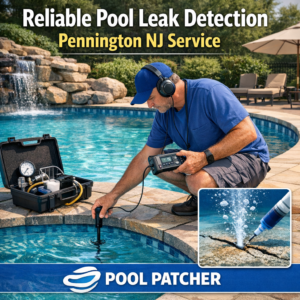 Technician using specialized equipment to detect pool leaks at a residential pool in Pennington, NJ.